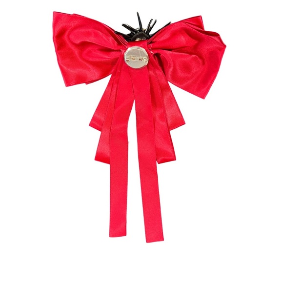 Shiny Red Bow Brooch with Black Embellishment - Picture 3 of 3